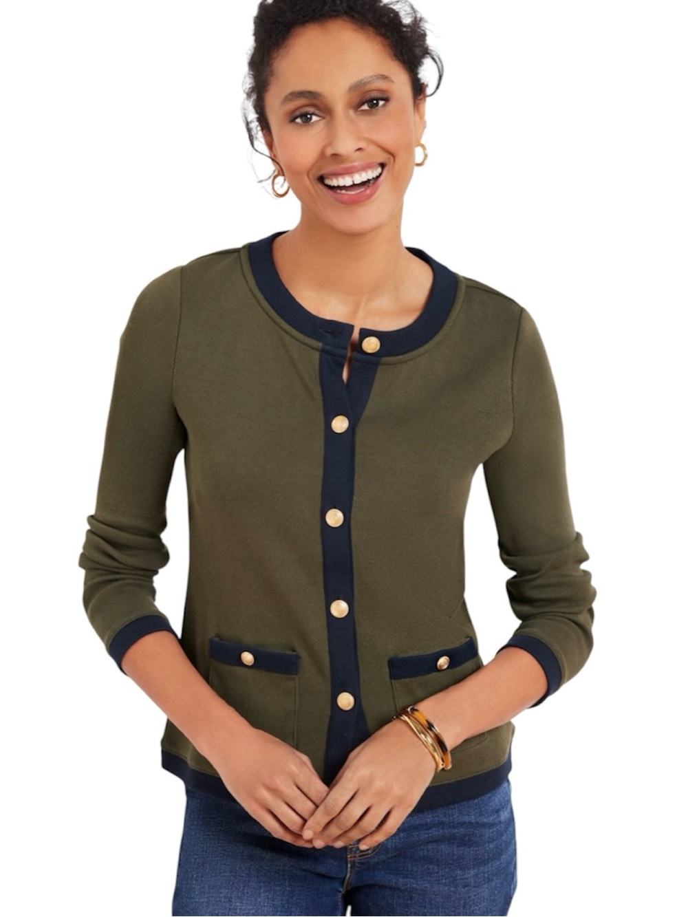 Talbots PATCH POCKET CARDIGAN Gold Button Green and Navy Size Petite M